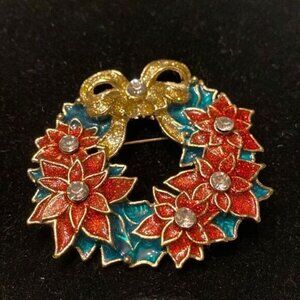 Vintage Christmas Wreath Brooch Pin With Glitter Red Poinsettias Gold Bow Rhines